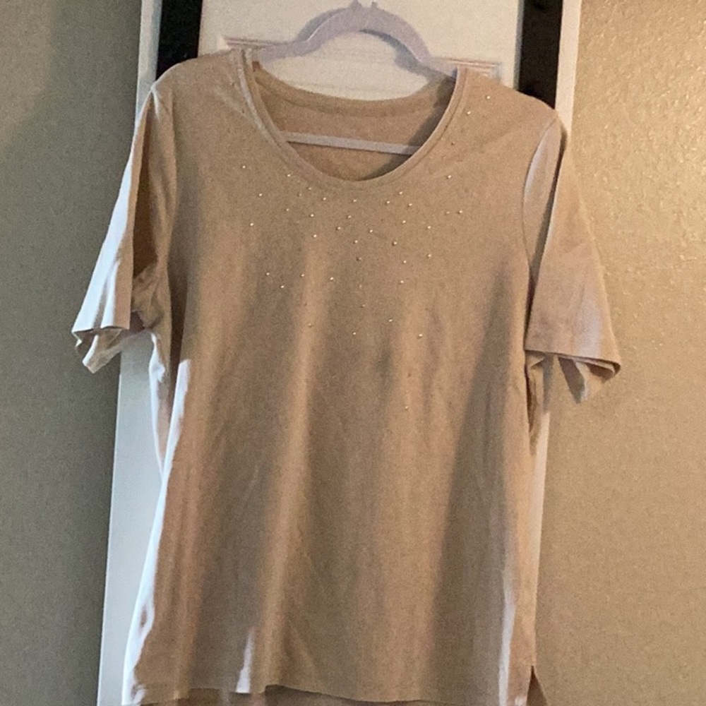 Allison Daley Beaded Tan Short Sleeve T-Shirt With Gold Accents